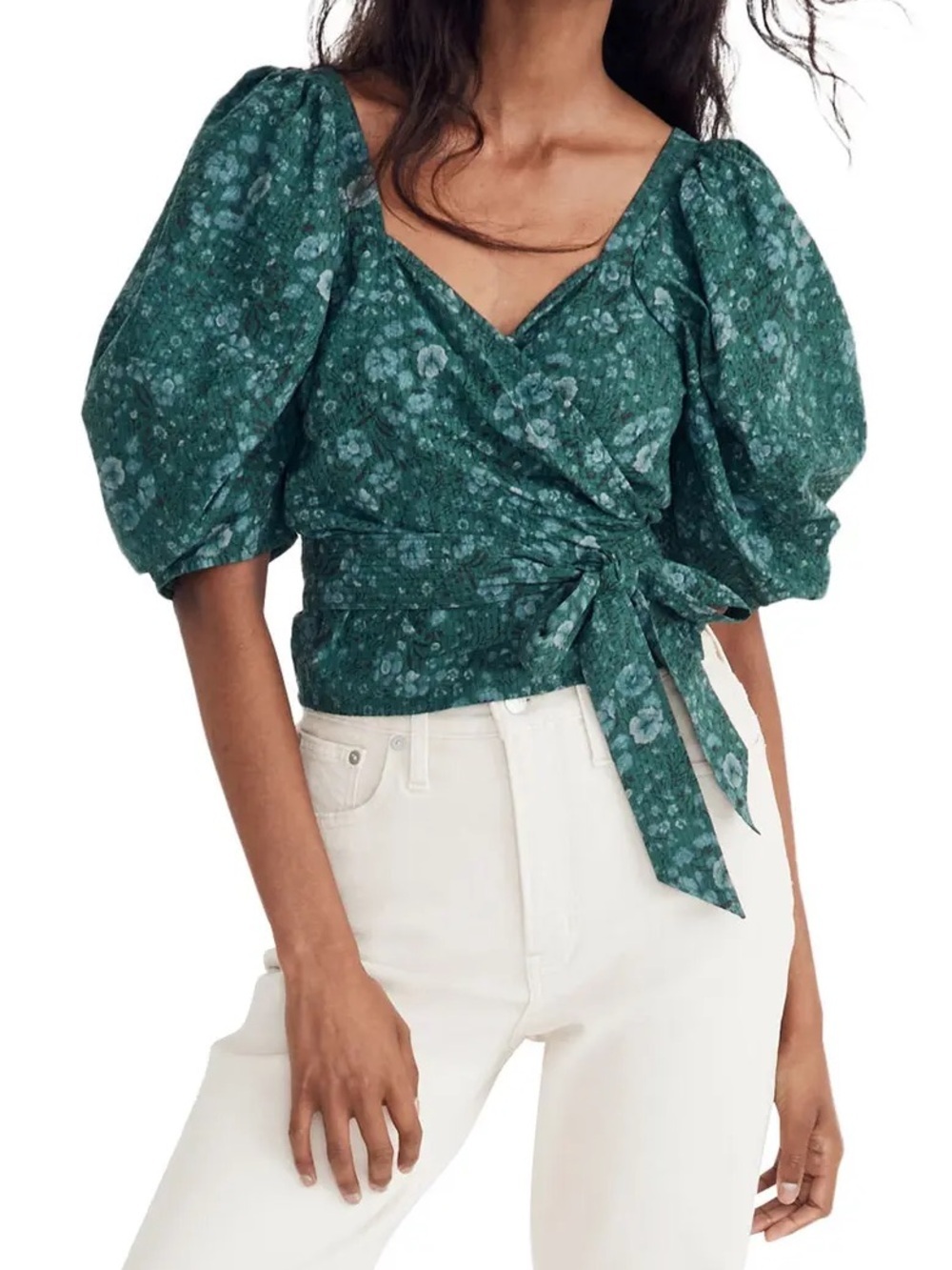 Madewell Emerald Green Floral Wrap Puff-Sleeve Top